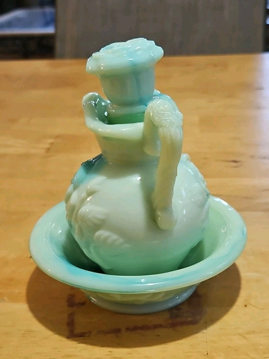 Vintage Avon Moonwind Oil Green Swirl Milk Glass Pitcher With Stopper and Basin