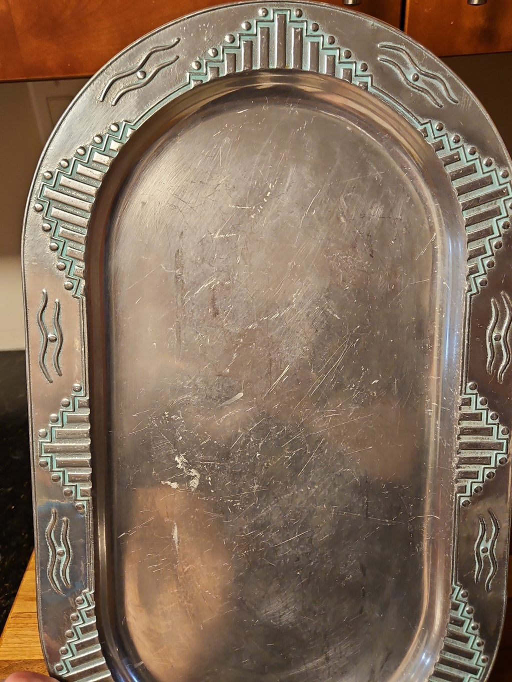 Vintage Wilton Armetale Zia Turquoise Southwestern Oval Serving Platter  18.5"
