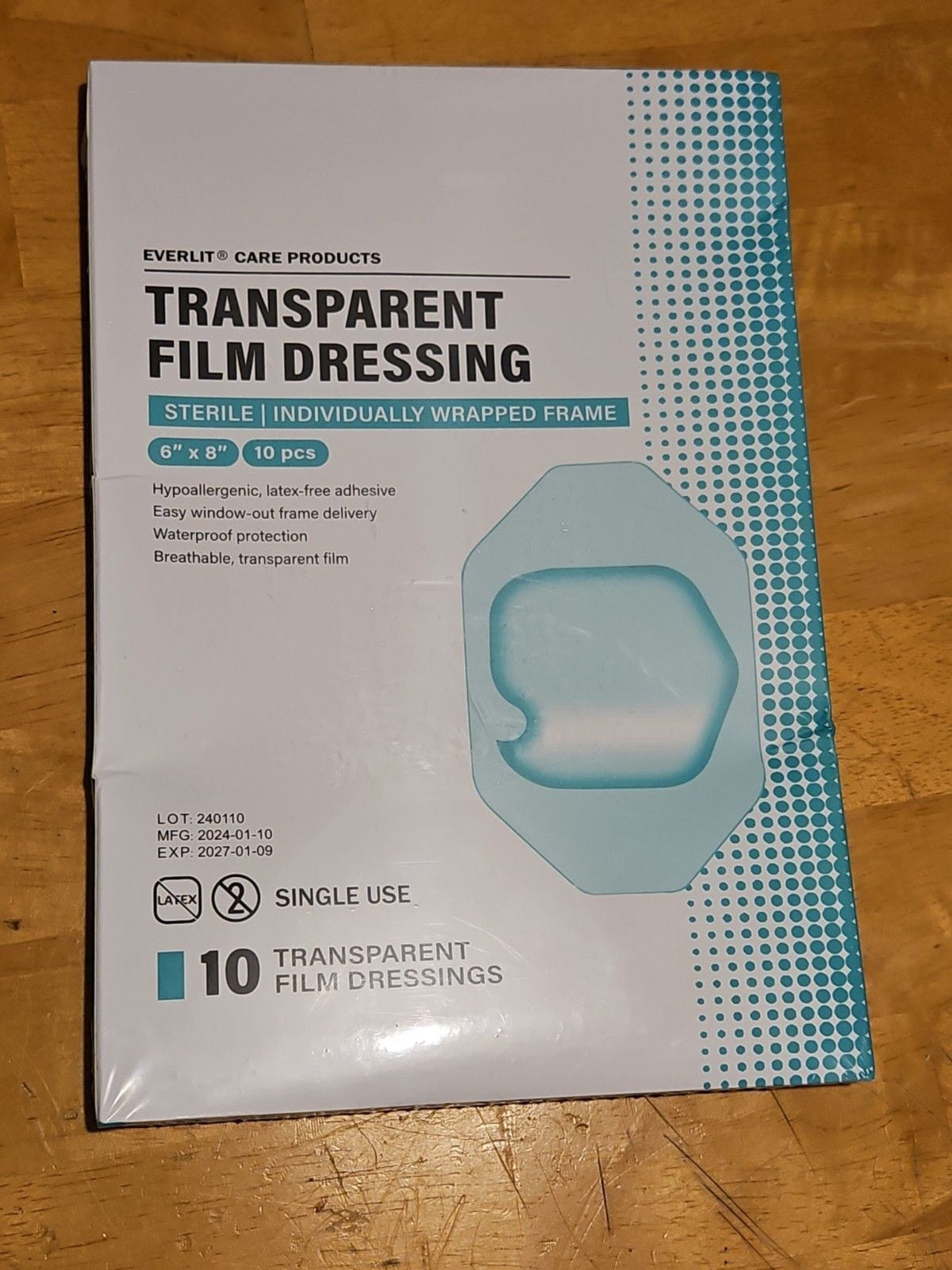 New Sealed Pack of 10 Everlit Transparent Film Dressings 6" x 8"