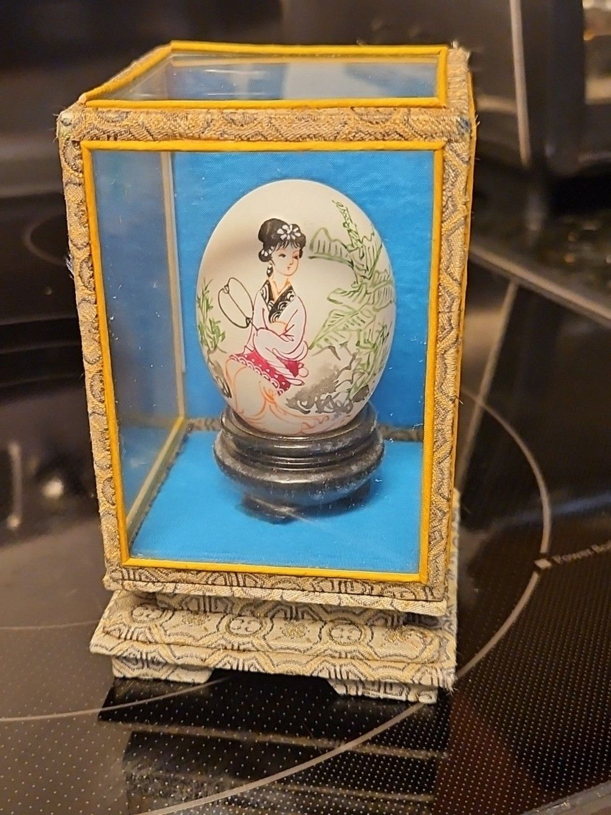 Vintage Chinese Art Hand Painted Egg Shell Woman With Fan Encased In Box 3"x5"