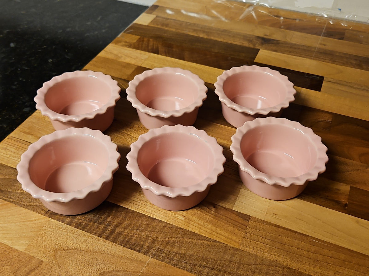 Set of 6 Vintage Chantal Pink Ceramic Fluted Ramekins Scalloped Edge 1/2 Cup