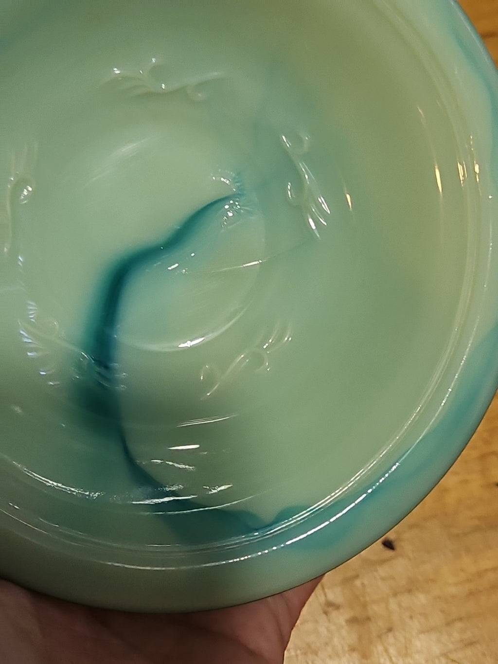 Vintage Avon Moonwind Oil Green Swirl Milk Glass Pitcher With Stopper and Basin
