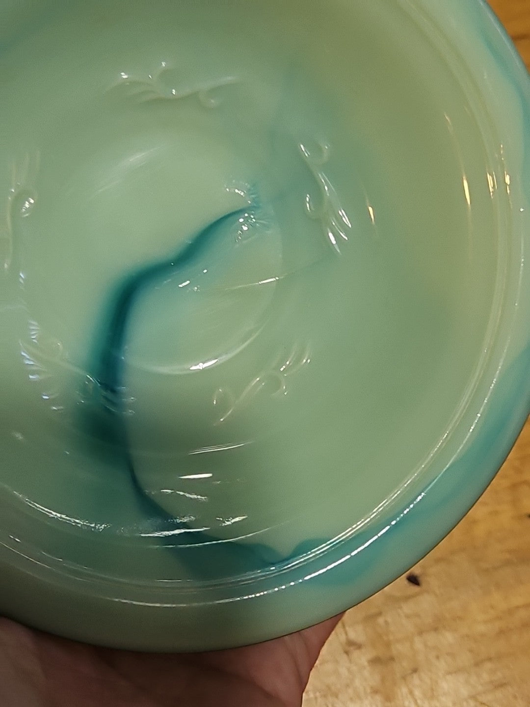 Vintage Avon Moonwind Oil Green Swirl Milk Glass Pitcher With Stopper and Basin