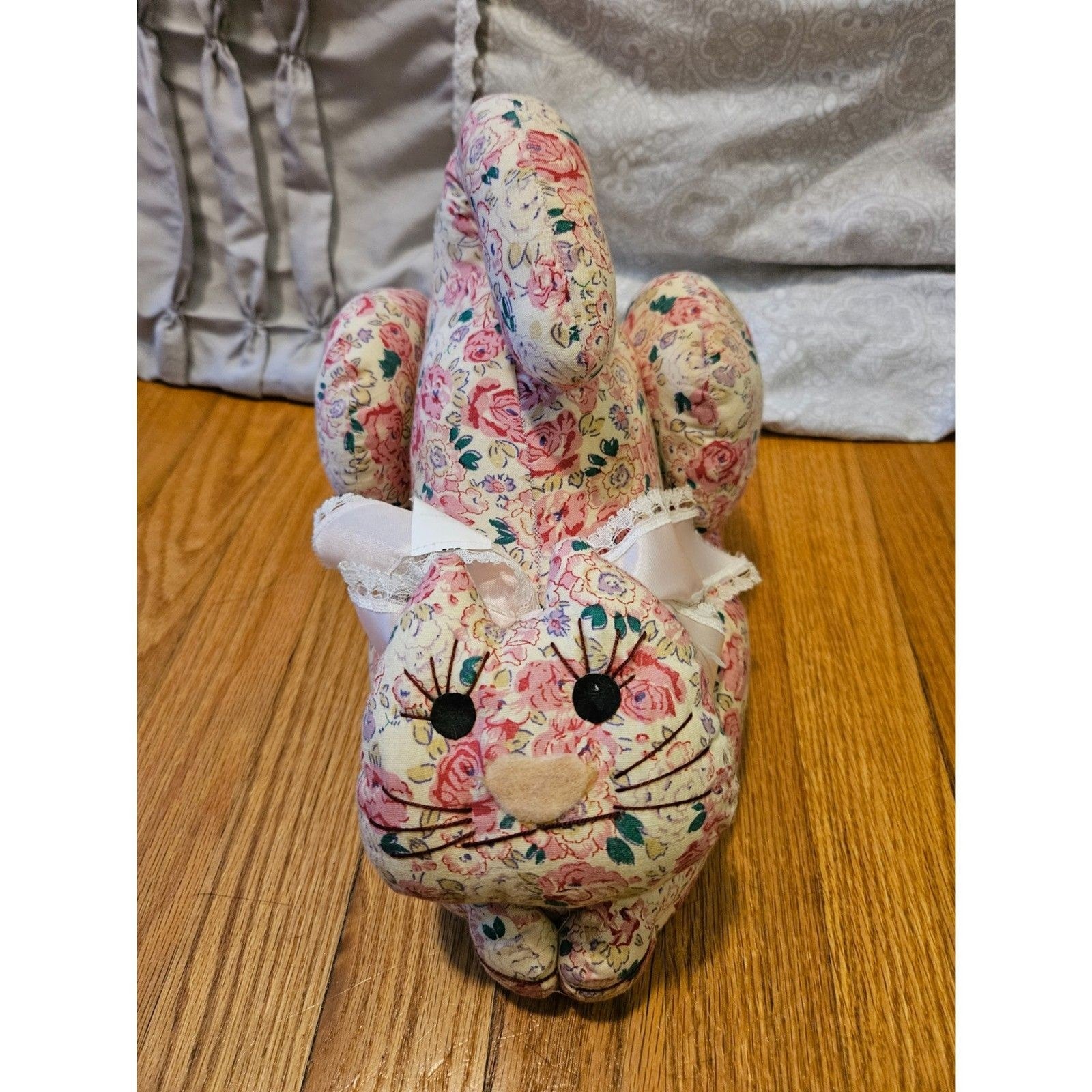 Vintage Style Pink Roses Floral Fabric Cat Door Stopper Ribbon Accent 11"x7"x 9"