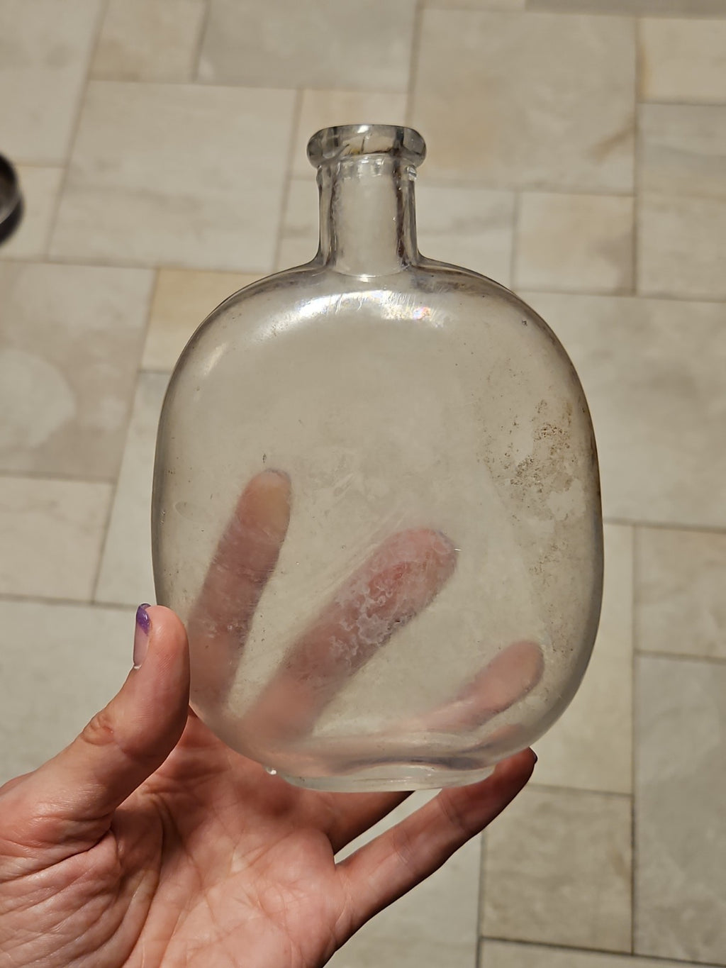 Set Of 2 Antique Blown Glass Pumpkin Seed Flasks 1 Pt & 1/2 Pt Purple Grey Tint