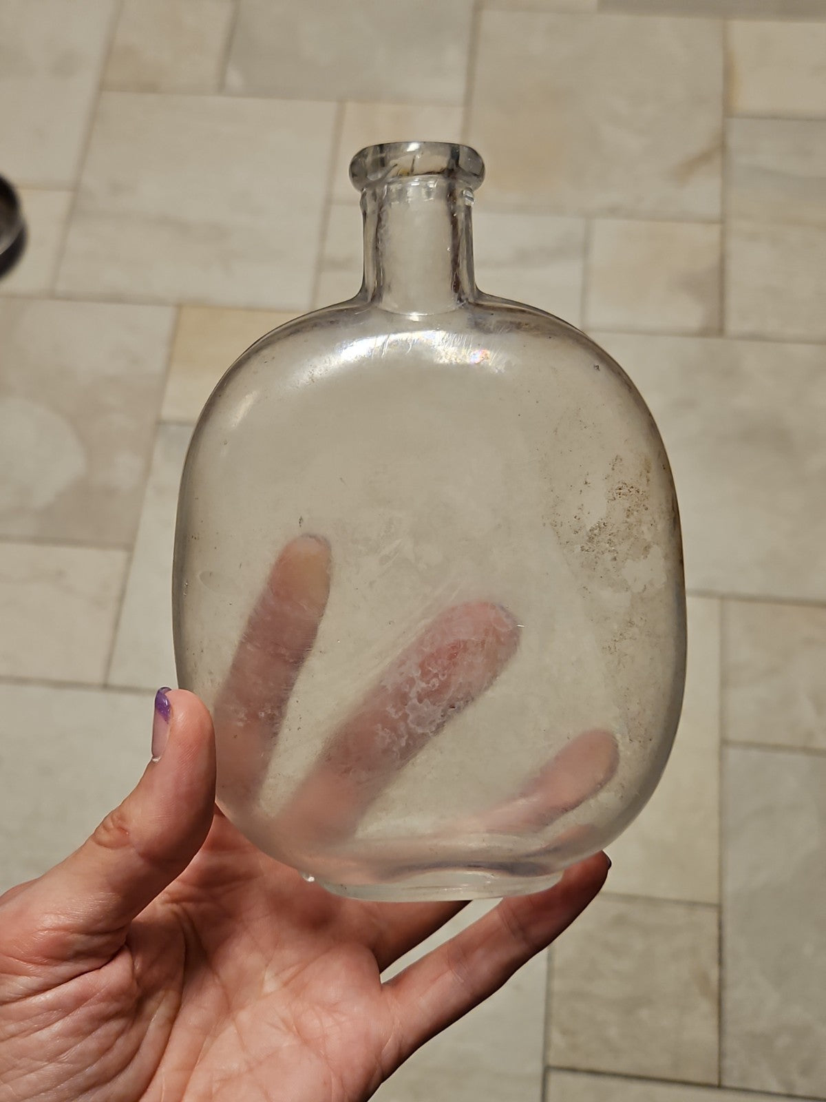 Set Of 2 Antique Blown Glass Pumpkin Seed Flasks 1 Pt & 1/2 Pt Purple Grey Tint