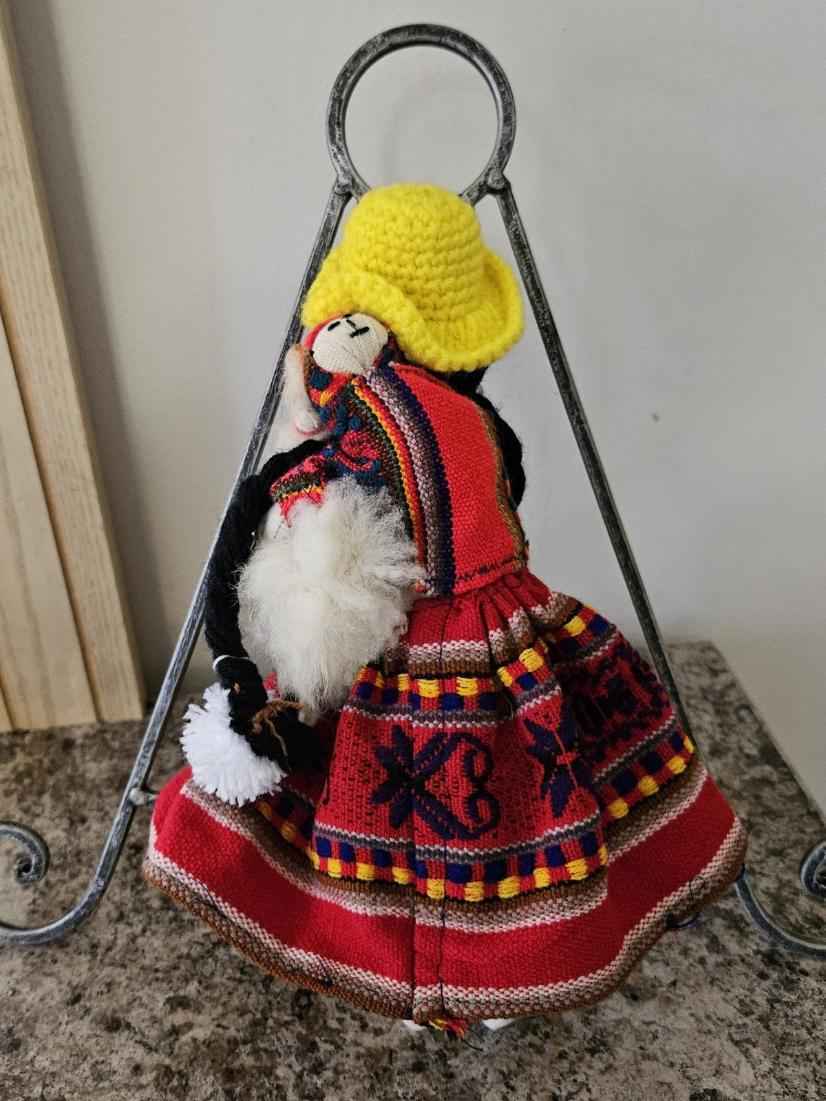 Vintage Peruvian Folk Art Hand Made Cloth Rag Doll 11” With Llama & Baby