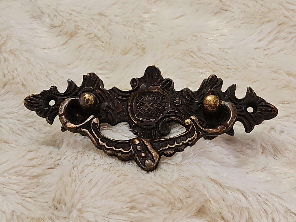 Ornate Vintage Brass Bail Pull Drawer Pull With Backplate 5"