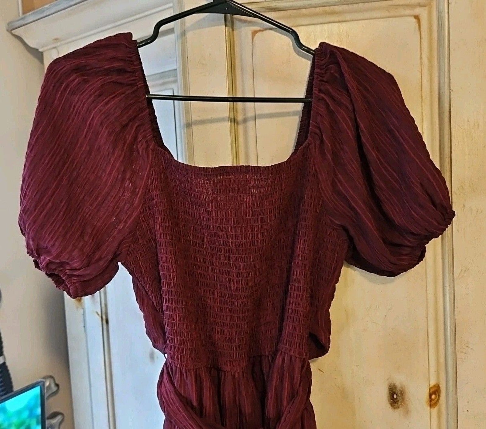 Altar'd State Burgundy Mini Dress, Sz M, Puffed Sleeves, Tie Back, Ruffle Hem