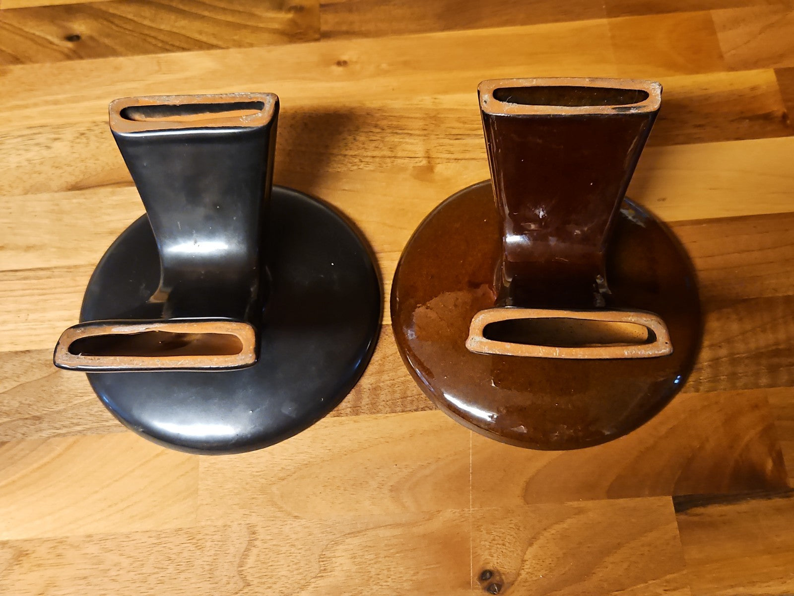 Set Of 2 Vintage MCM Dark Brown Glazed Pottery Taper Holders Candle Holders