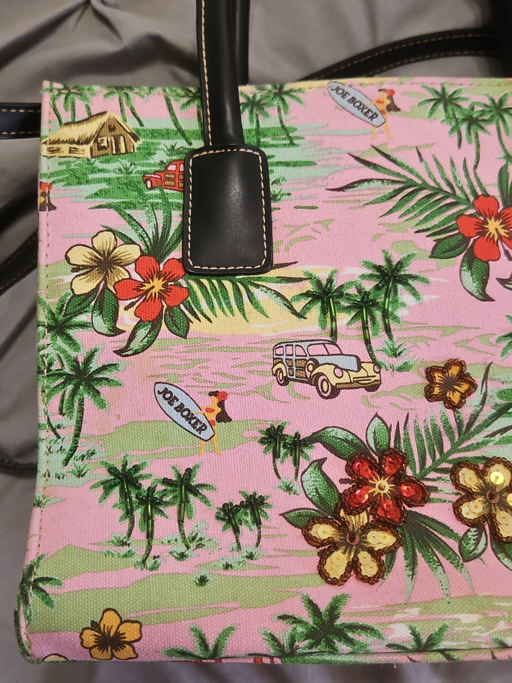 Vintage Y2K Joe Boxer Hawaiian Beaded Canvas Handbag Purse Pink Tropical Print
