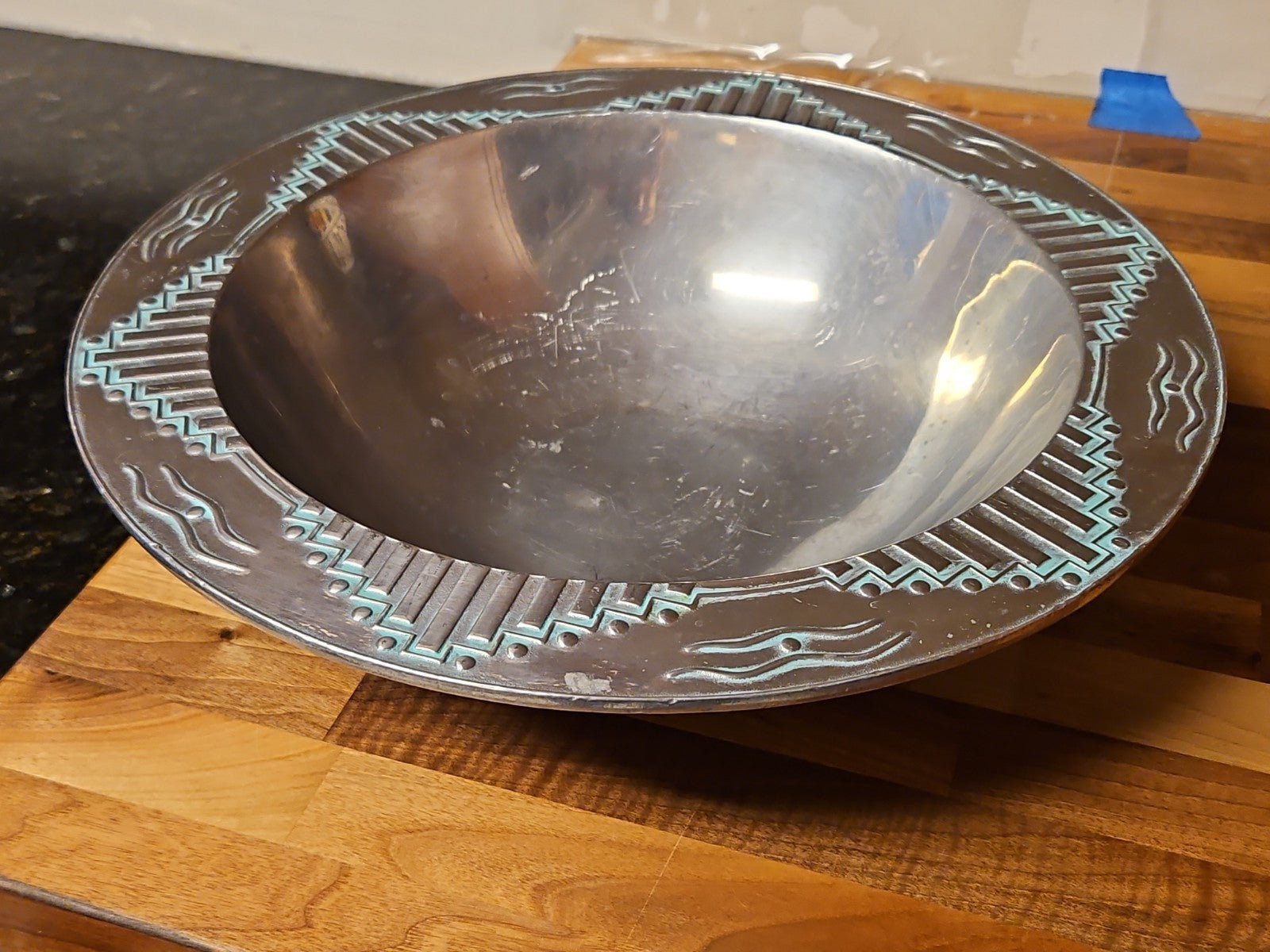 Vintage Wilton Armetale 14" Bowl Turquoise Zia Southwest Pattern Very Nice!