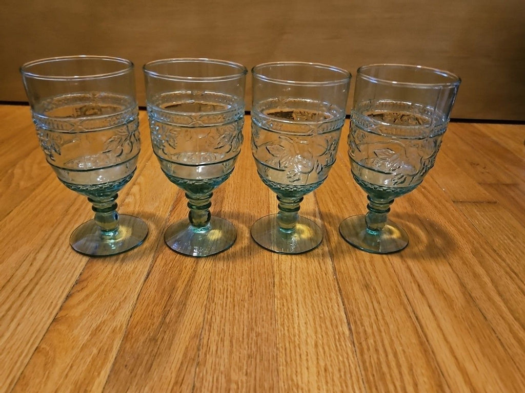 Vintage Mikasa 1960 Embossed Fruit Light Green Glasses Set of Four (4)