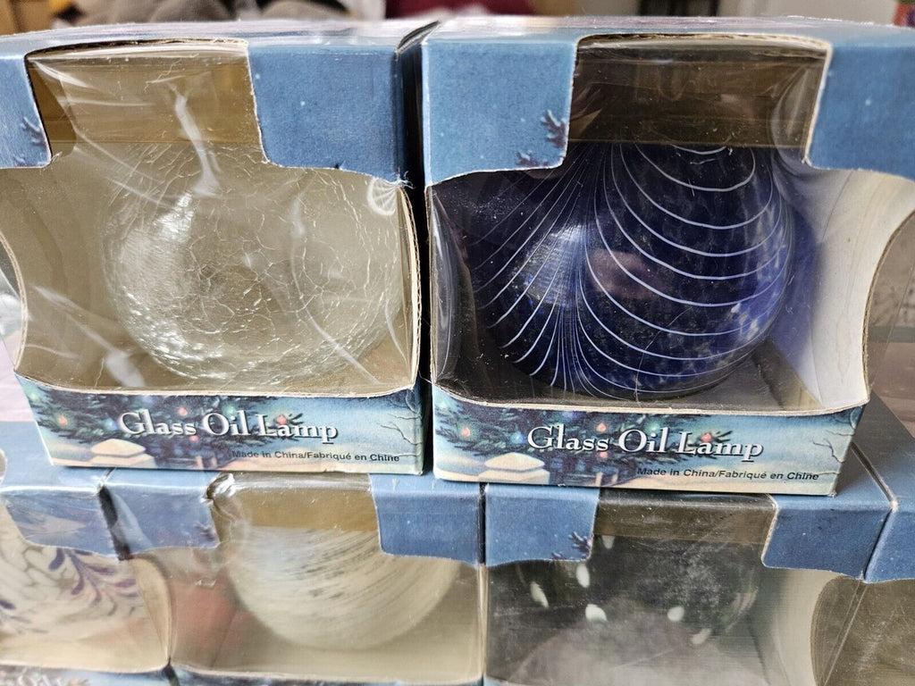 NIB 6 Traditions Hand Blown Glass Oil Lamp Set Round White Blue Green Clear Lot