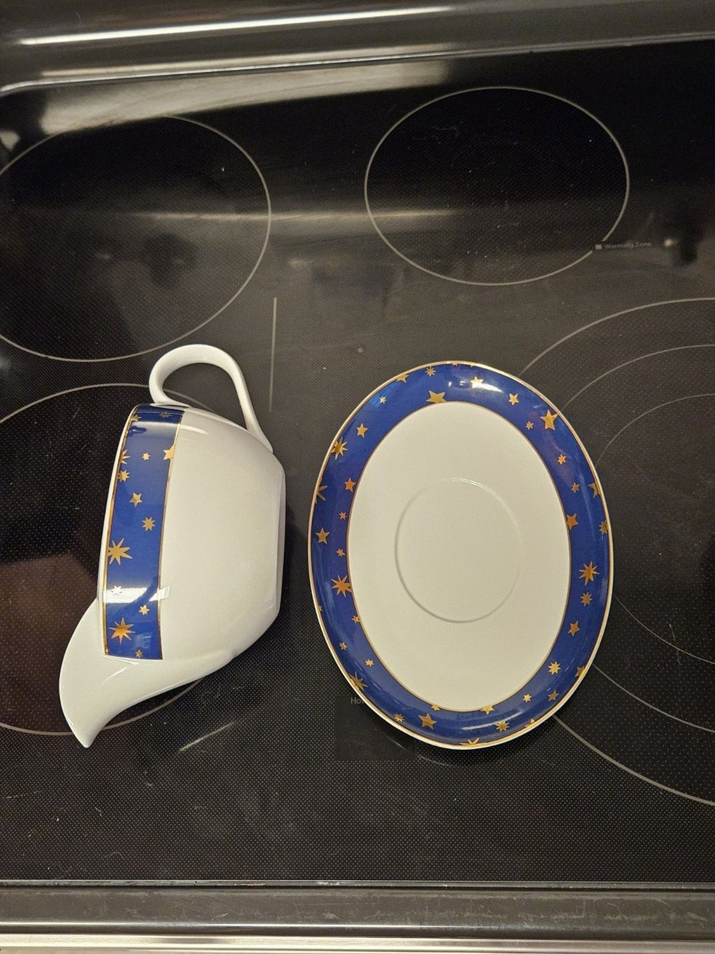 Galaxy By Sakura Gravy Boat & Saucer Celestial Blue Gold Stars Porcelain