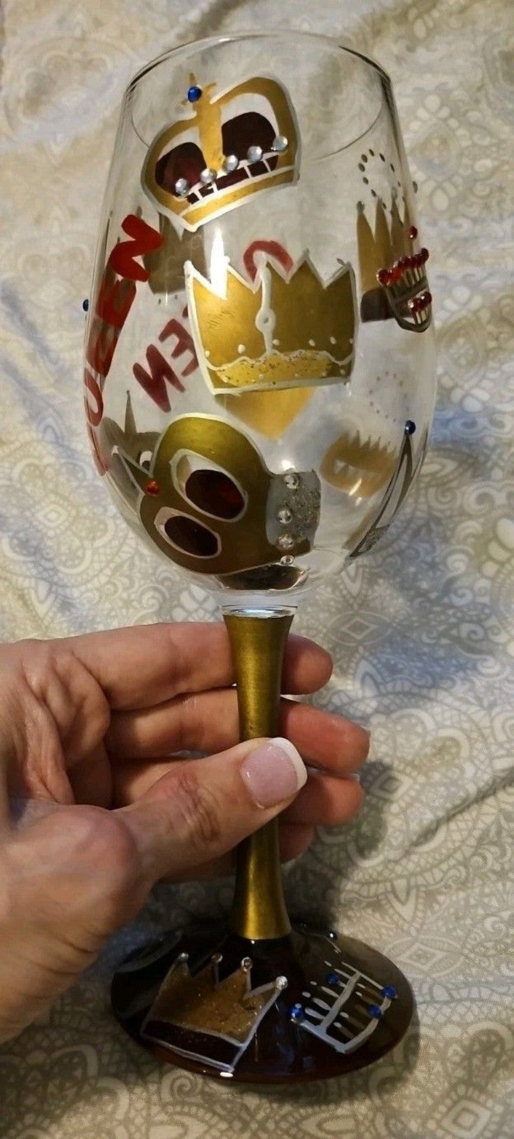 Lolita Hand Painted "Queen" 15oz Stem Wine Glass With Original Box