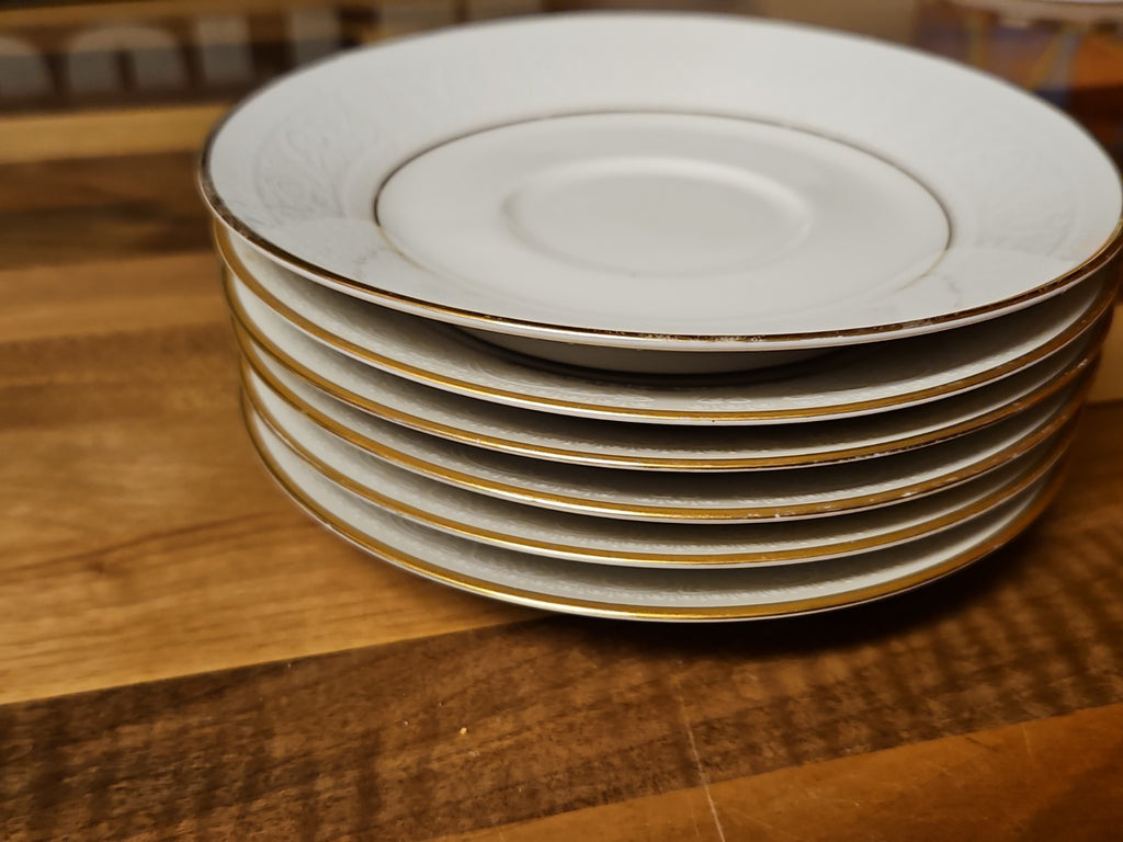 Set of 6 Vintage Noritake Ivory China Tulane 7562 6" Saucers White Scroll Gold