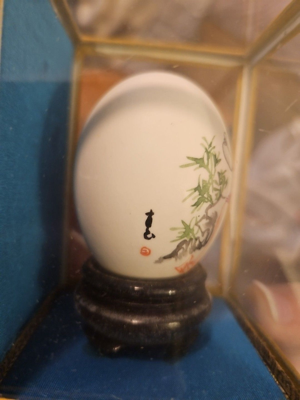 Vintage Chinese Art Hand Painted Egg Shell Woman With Fan Encased In Box 3"x5"