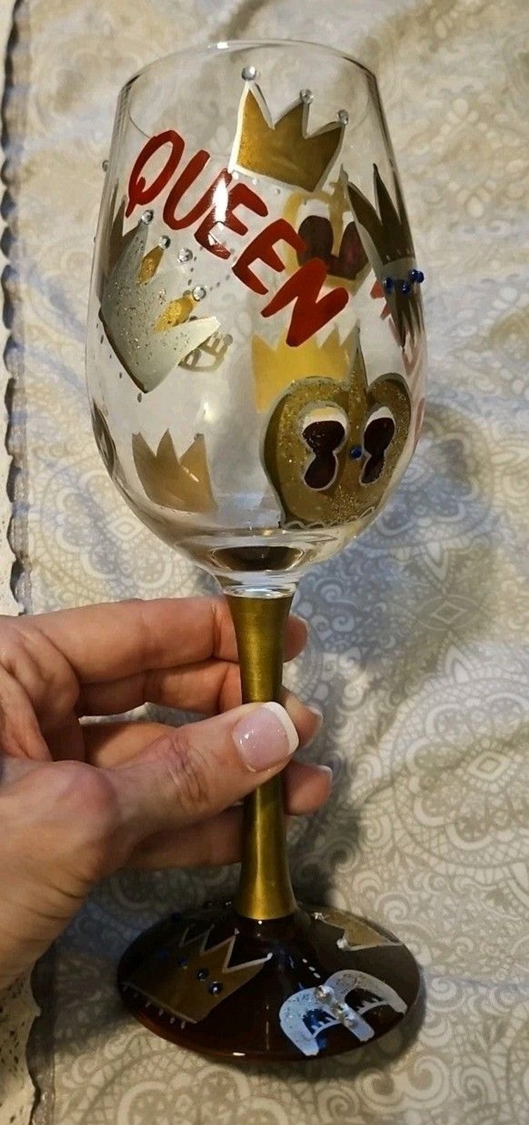 Lolita Hand Painted "Queen" 15oz Stem Wine Glass With Original Box