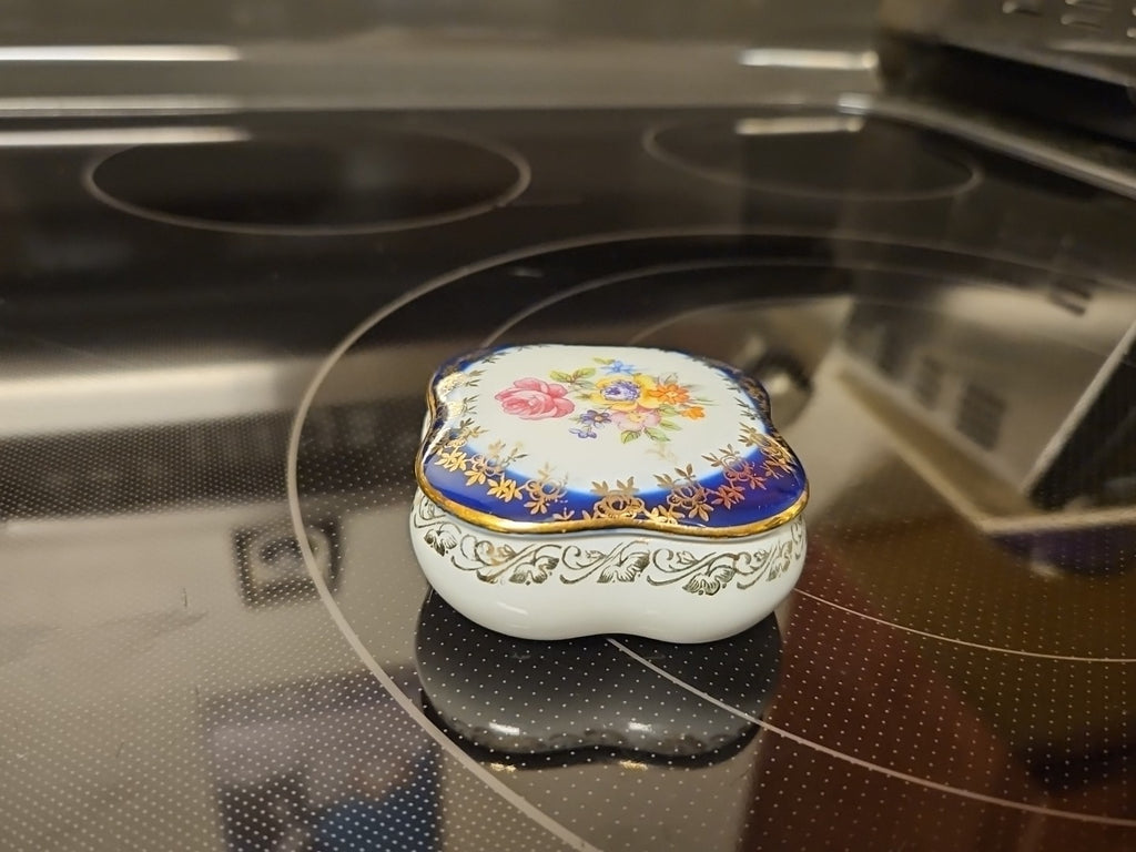 Hand Painted Porcelain Cobalt Blue German Floral Trinket Box Gold Detail