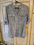 Calvin Klein Gray Snakeskin Print Blouse Roll-Tab Sleeve Button Down Read Size