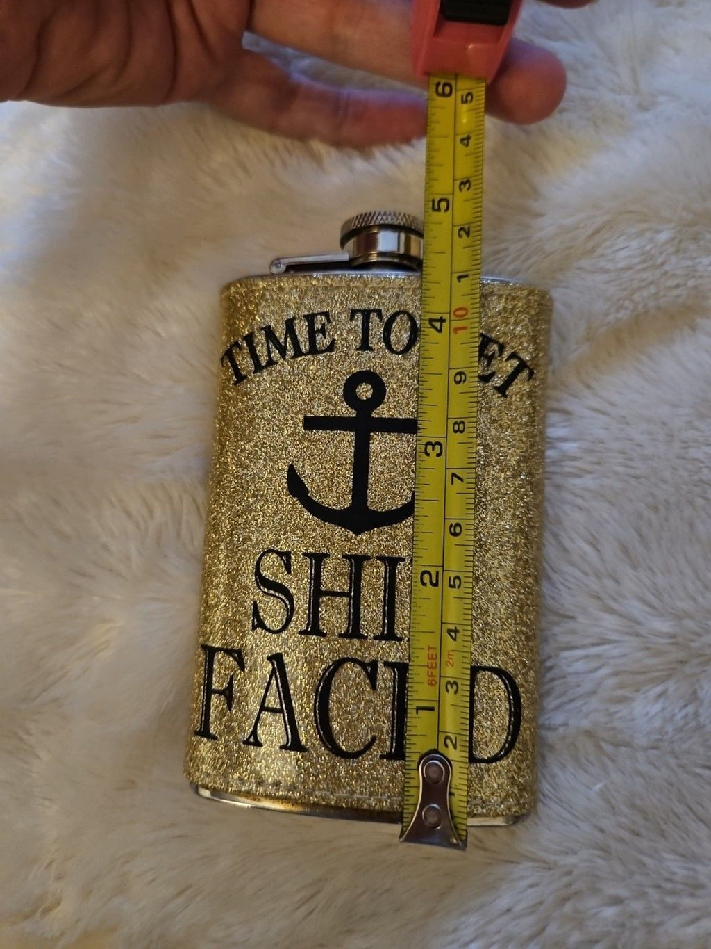 5oz "Time To Get Ship Faced" Stainless Steel Drink Flask Gold Glitter