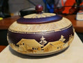 Handmade Straw Marquetry Wooden Trinket Bowl W/ Lid Village Scenery 6” Round