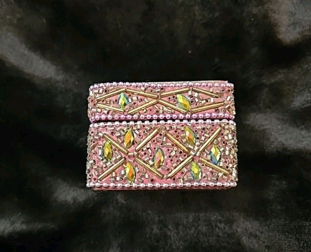 Cute Vintage Look Painted Beaded Trinket  Box With Cat Image And Wooden Inside