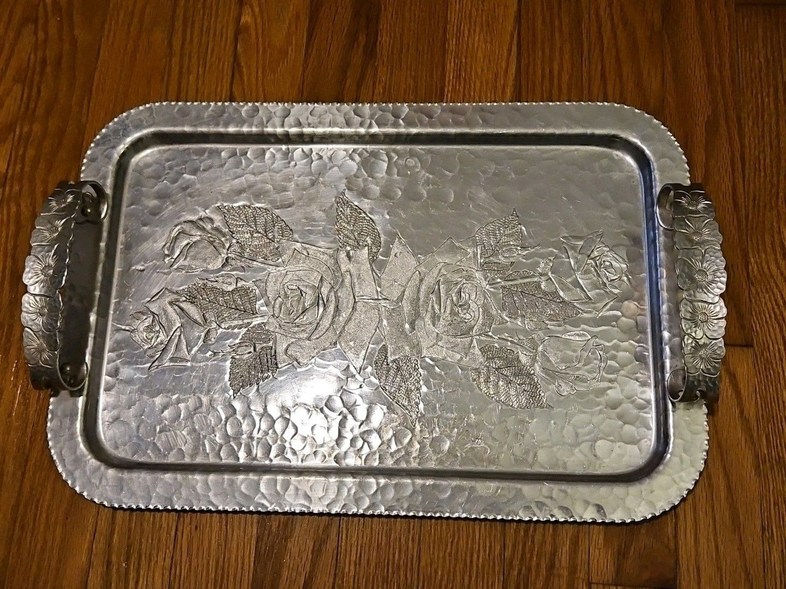 VINTAGE CONTINENTAL SILVER CO WILD ROSE BRILLIANTONE #1023 HAMMERED SERVING TRAY