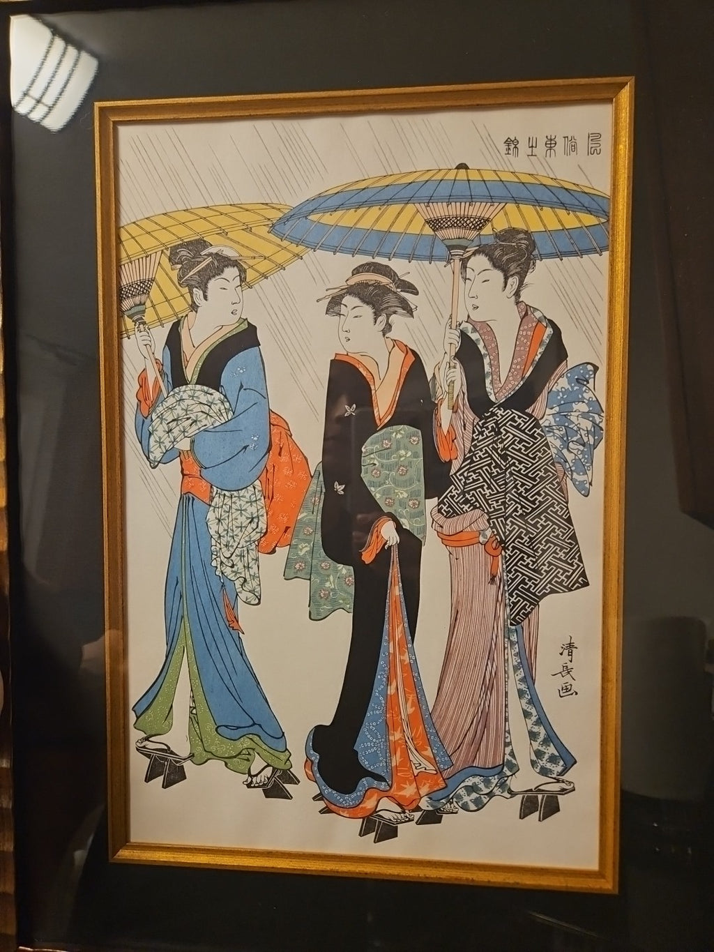 Framed Matted Japanese Woodblock Print Torii Kiyonaga Three Beauties in The Rain