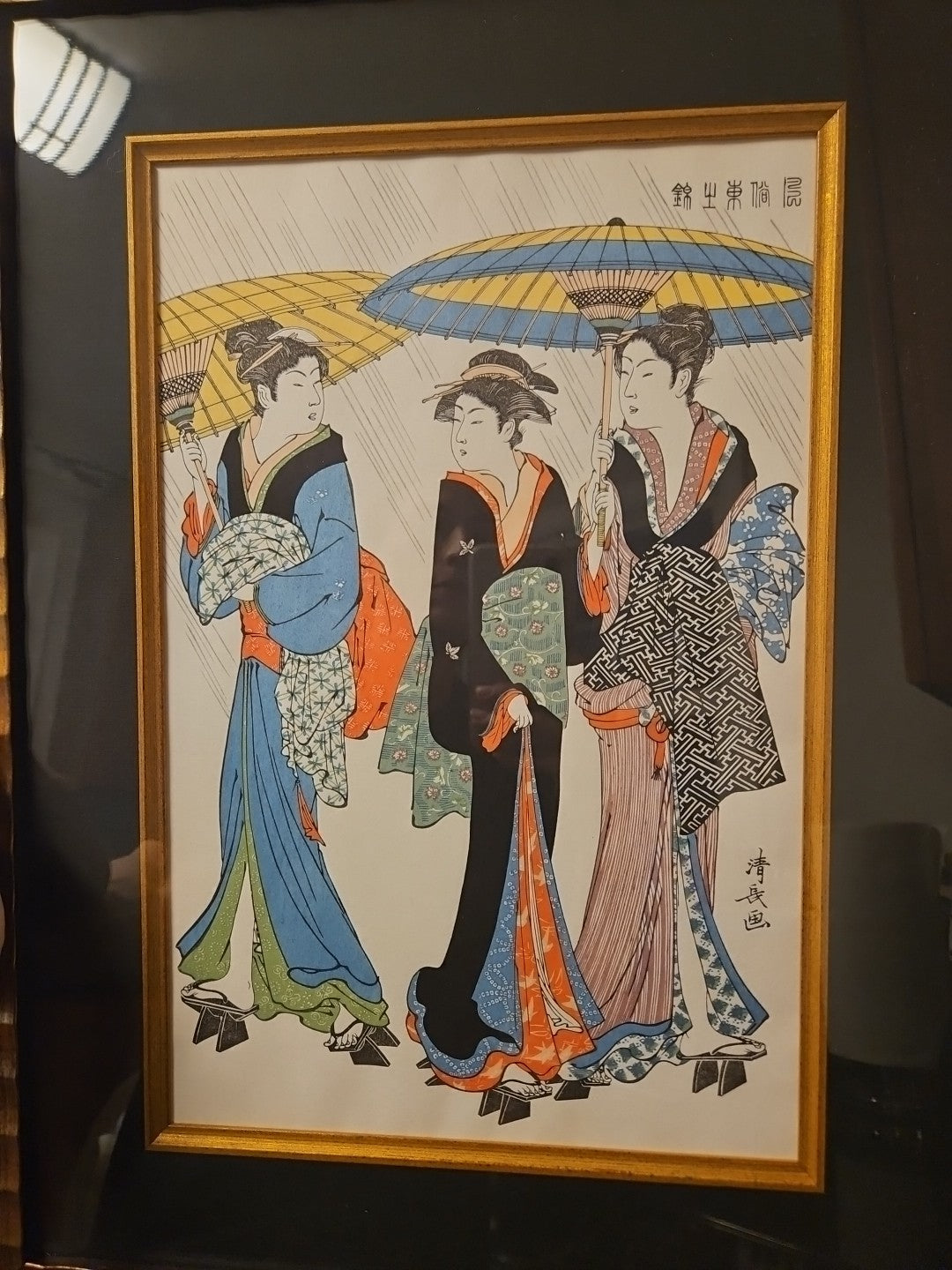 Framed Matted Japanese Woodblock Print Torii Kiyonaga Three Beauties in The Rain