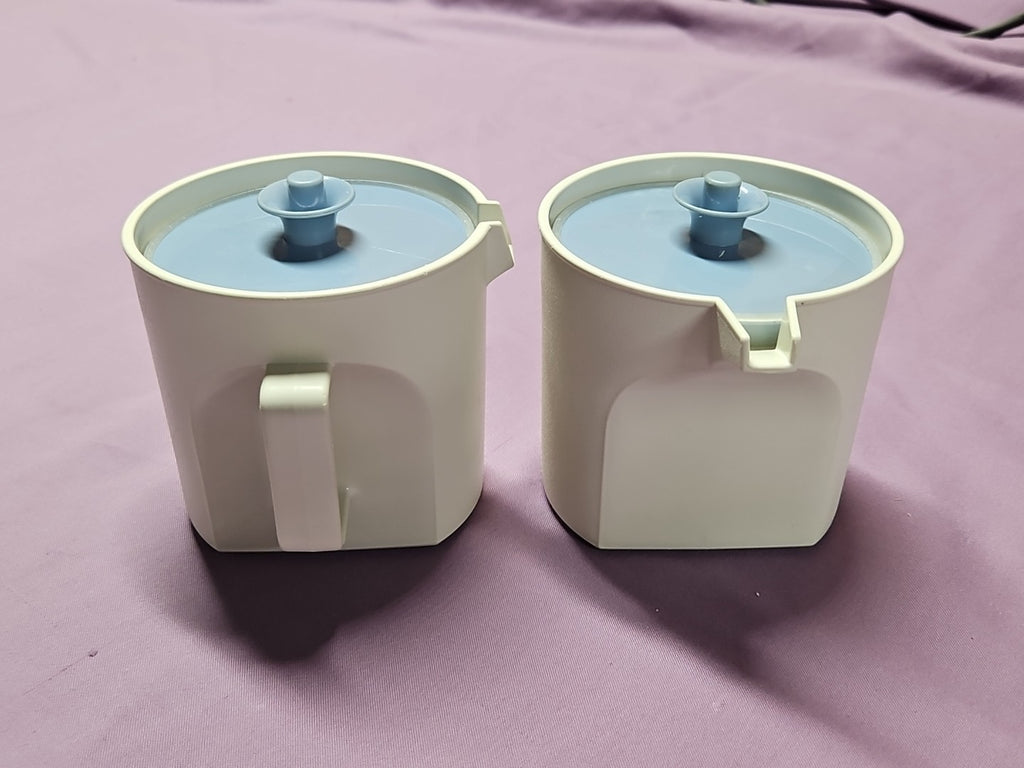 Vintage Tupperware Sugar & Creamer Set Push Tops 1414 & 1415 White W/ Blue Lids