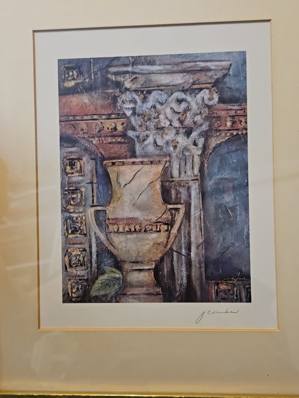 Framed & Matted Joyce Combs "Acropolis" Vase & Corinthian Column Print 13"x 16"