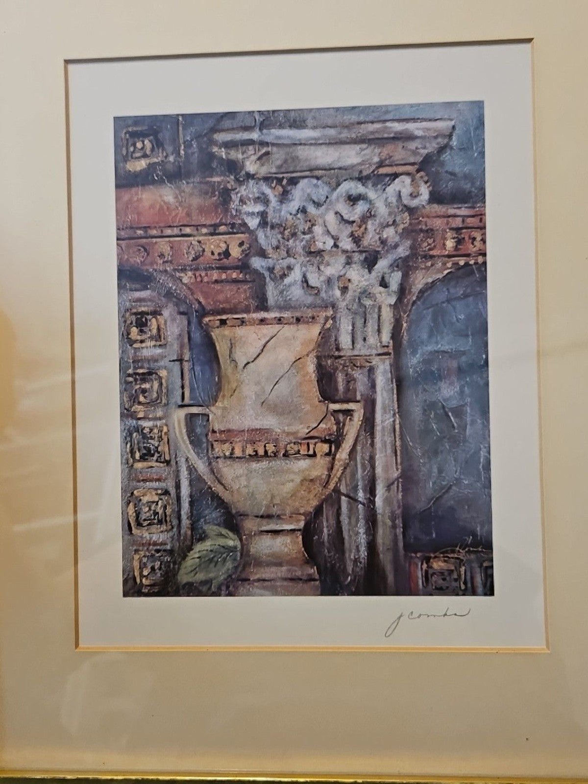 Framed & Matted Joyce Combs "Acropolis" Vase & Corinthian Column Print 13"x 16"