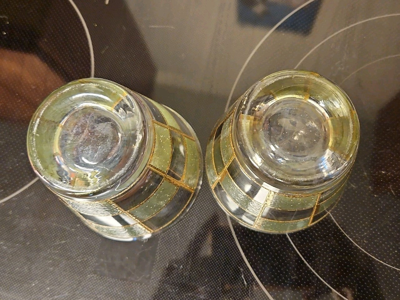 Set Of 2 Vintage Culver Prado Green 22k Gold Trim Lowball Rocks Whiskey glasses