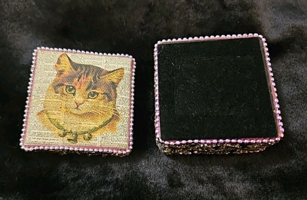 Cute Vintage Look Painted Beaded Trinket  Box With Cat Image And Wooden Inside