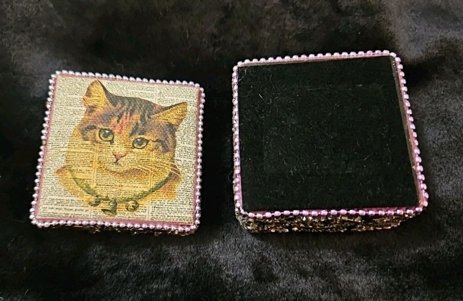 Cute Vintage Look Painted Beaded Trinket  Box With Cat Image And Wooden Inside