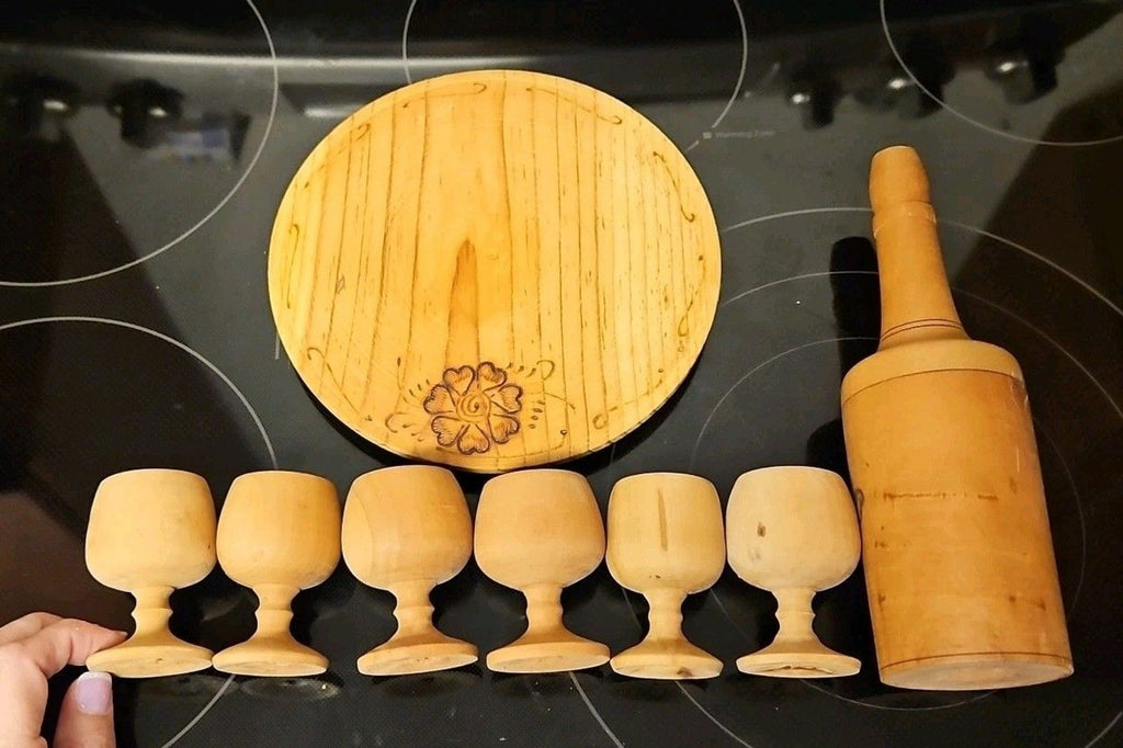 Vintage Burnt Wooden Pyrography Folk Art Decanter w\ Small Platter and 6 Goblets