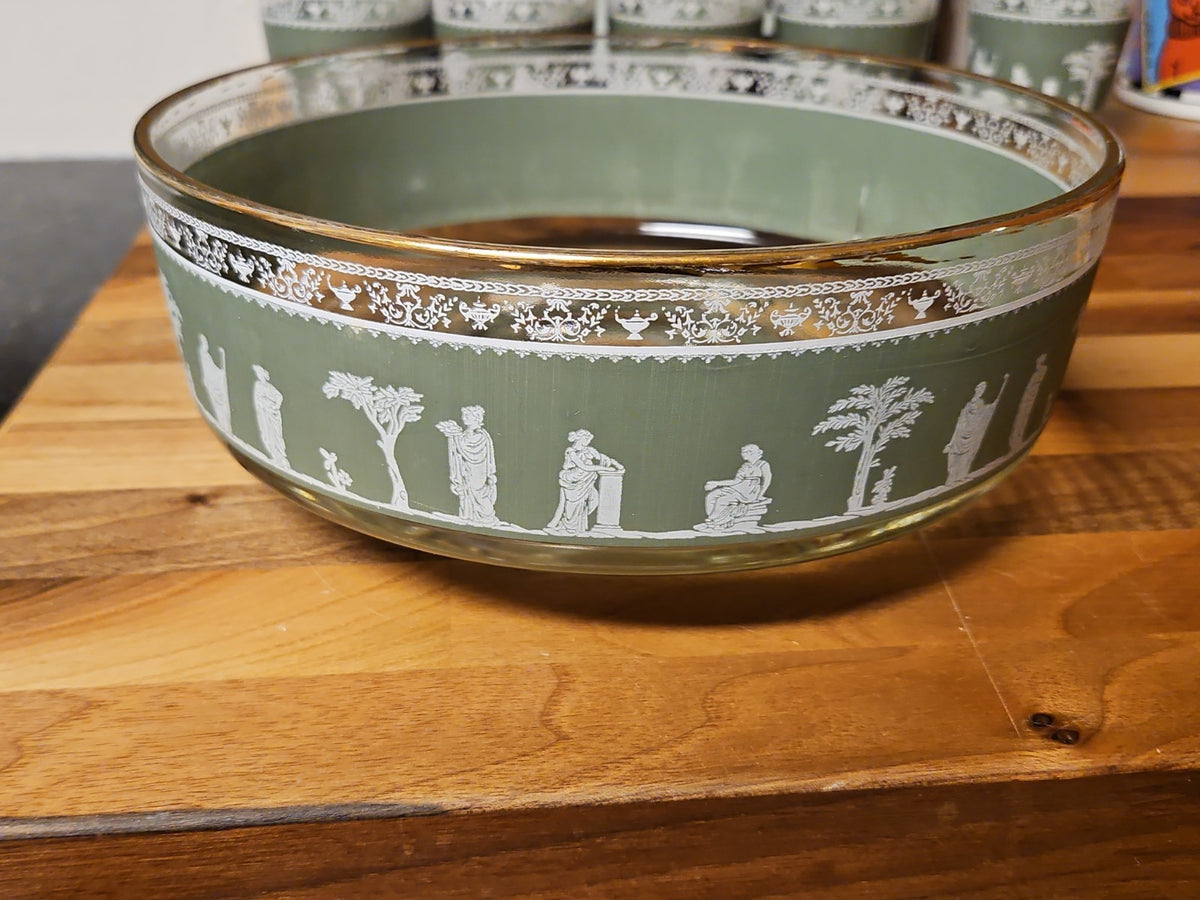 Vintage MCM Jeannette Glass Hellenic Green Grecian Serving Bowl With 5 Tumblers