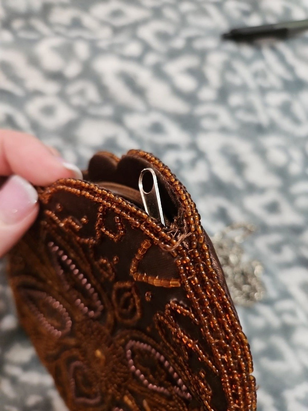Vintage BIJOUX TERNER Beaded Satin Evening Bag Purse 8"x6" Brown Floral Design