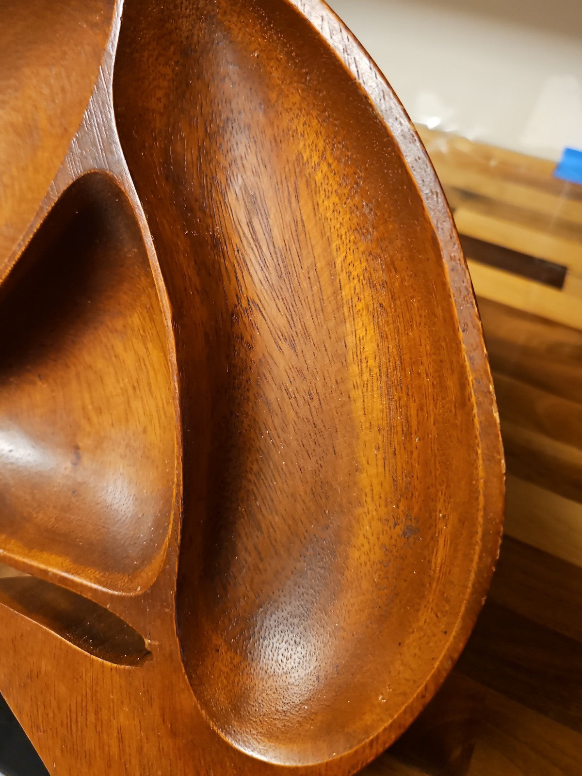 MCM Vintage Monkey Pod Carved Wooden Whale Divided Candy Dish Nut Dish