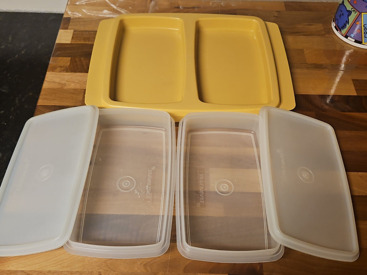 5-pc set Vintage Tupperware Harvest Gold Carrier #815 W/ Sheer Deli Keepers #816