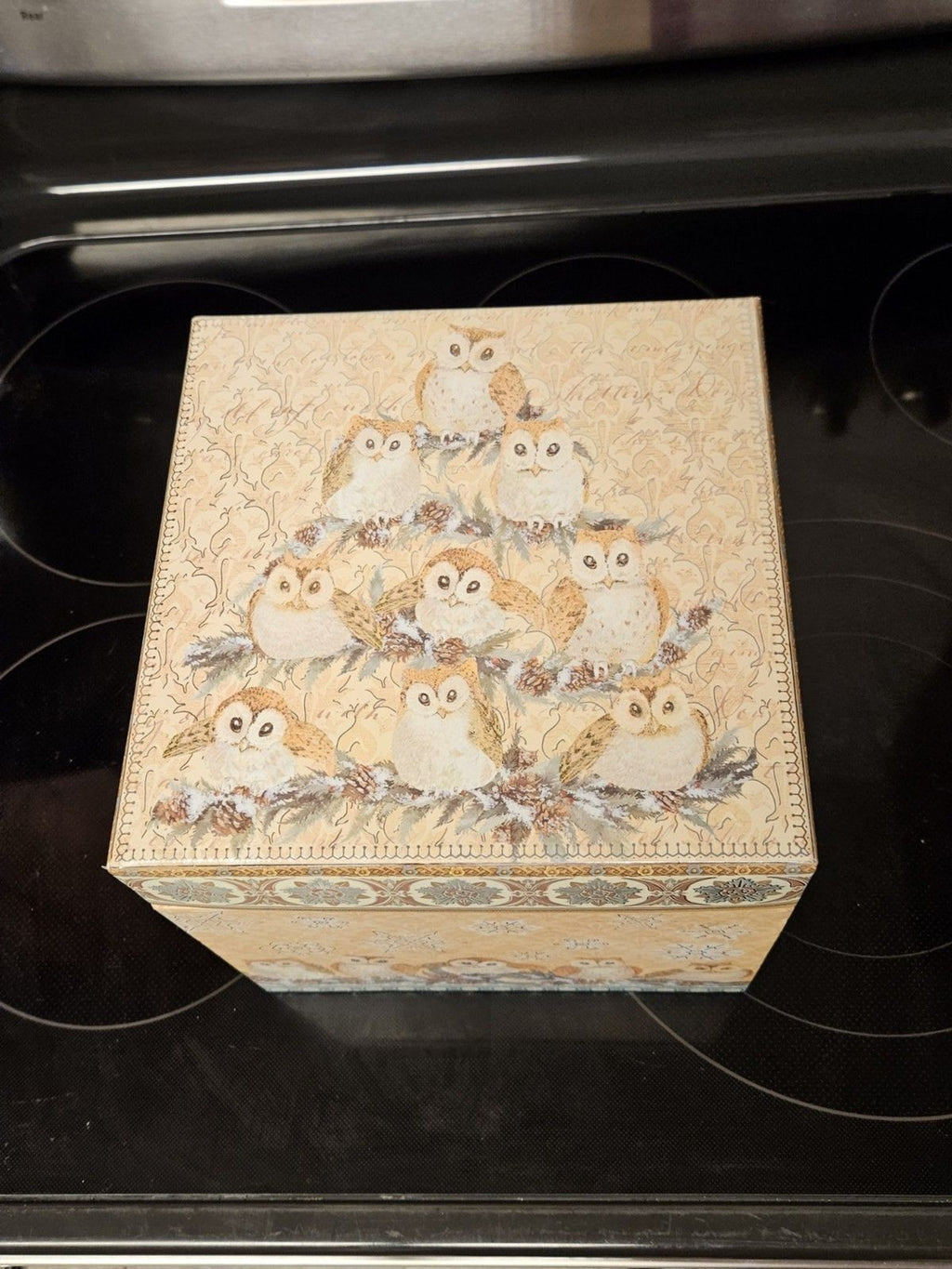 Elegant Storage Box Blue, Yellow, Silver Filigree Owl Print 9"x9"x5"