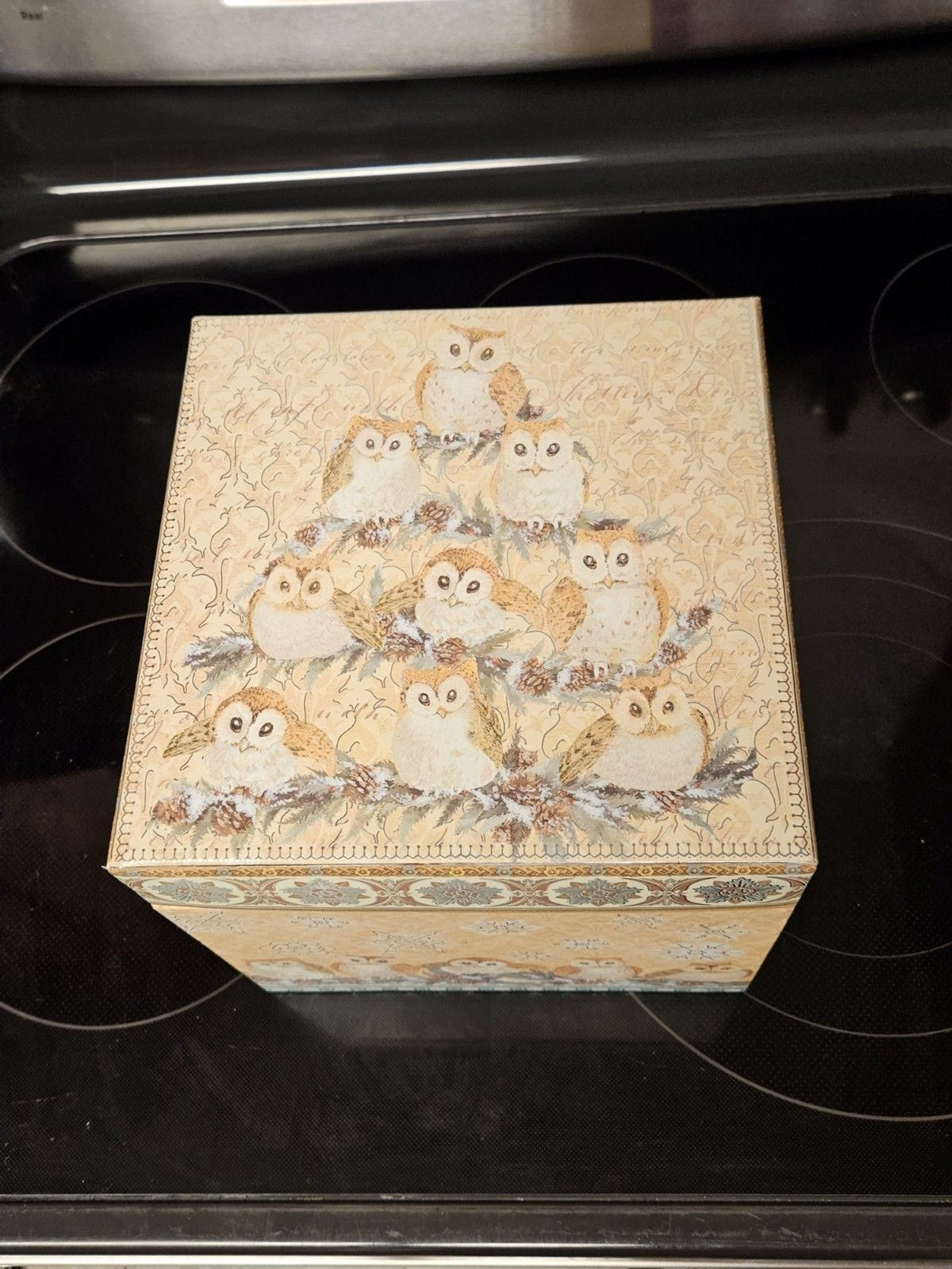 Elegant Storage Box Blue, Yellow, Silver Filigree Owl Print 9"x9"x5"