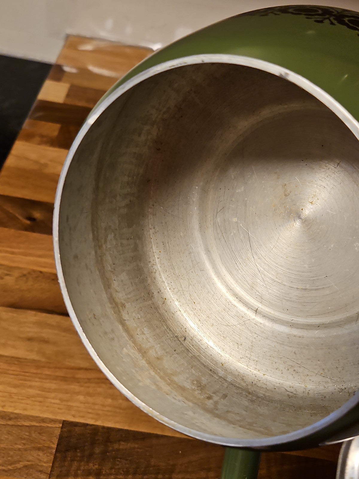 Vintage Green Enamel Fondue Pot Saucepan Floral MCM Boho Wood Handle 1970s