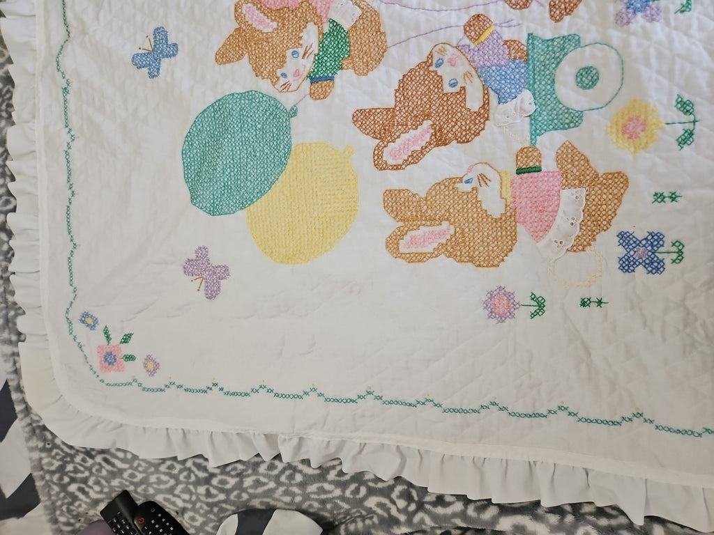 Handmade Baby Blanket Embroidered Cross Stitch Bunnies Ruffled Edge 42" X 33"