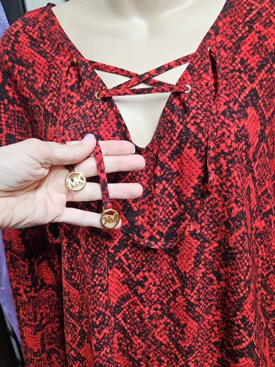 MICHAEL MICHAEL KORS Size L / XL Poncho Top Red Snake Print Lace Up Detail