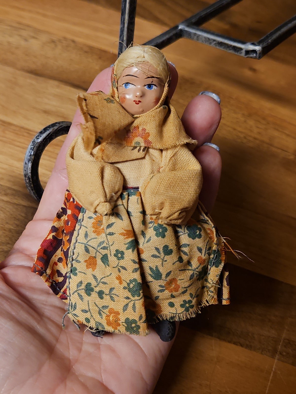 Vintage 1940s Polish Rag Doll Painted Face Russian Babushka Folk Art 4.25"