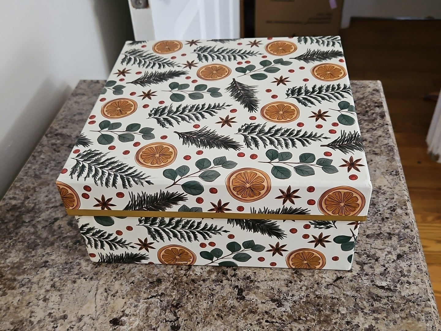 Lady Jayne Storage Box Citrus, Berry, Spice Greenery Holiday Theme 9"x9"x4"