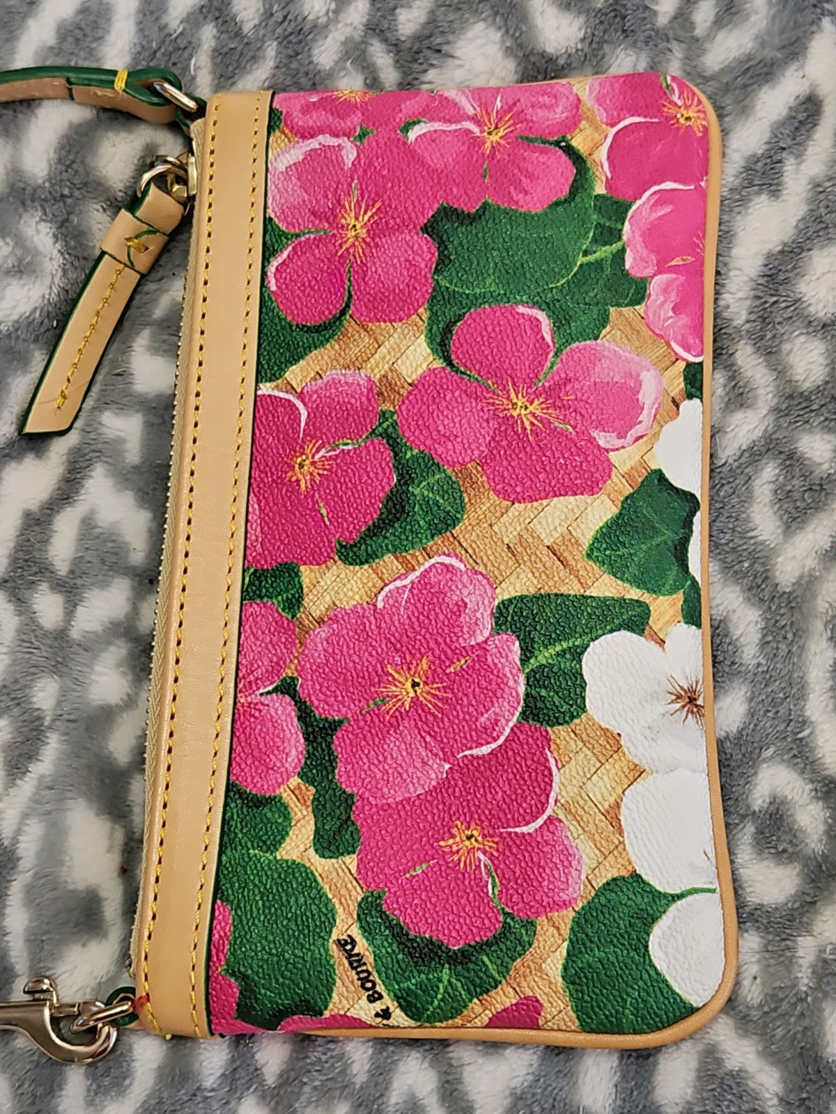 Dooney & Bourke Pink And White Tropical Pansies & Hibiscus Basketweave Wristlet